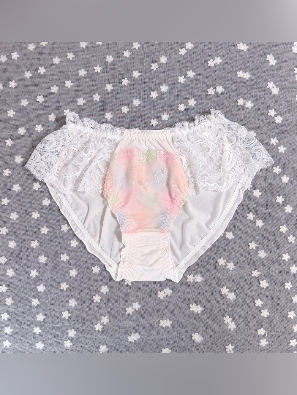 US-S/JP-L Japanese Cute Embroidery Rainbow Color Ruffle Lace Nylon Panties Girls